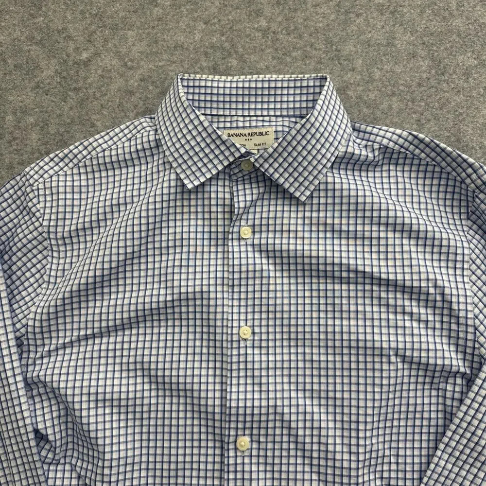 Banana Republic Long Sleeve Plaid Button Down Shirt Slim Fit Men's M Blue White